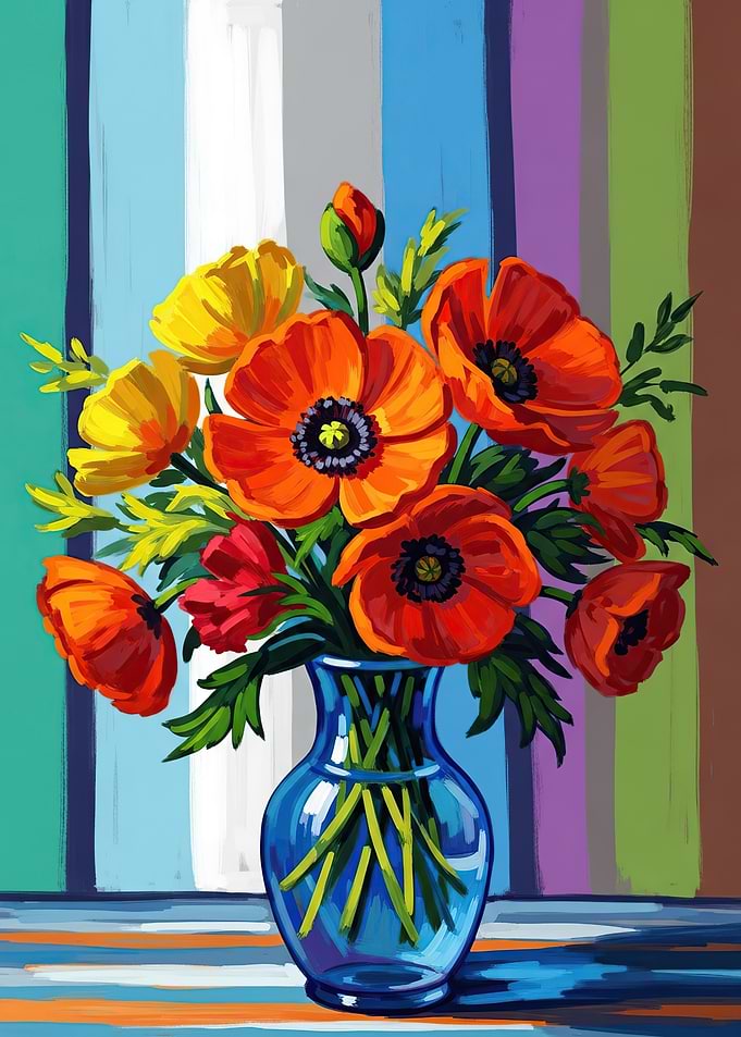 Vase of Poppies and Yellow Flowers