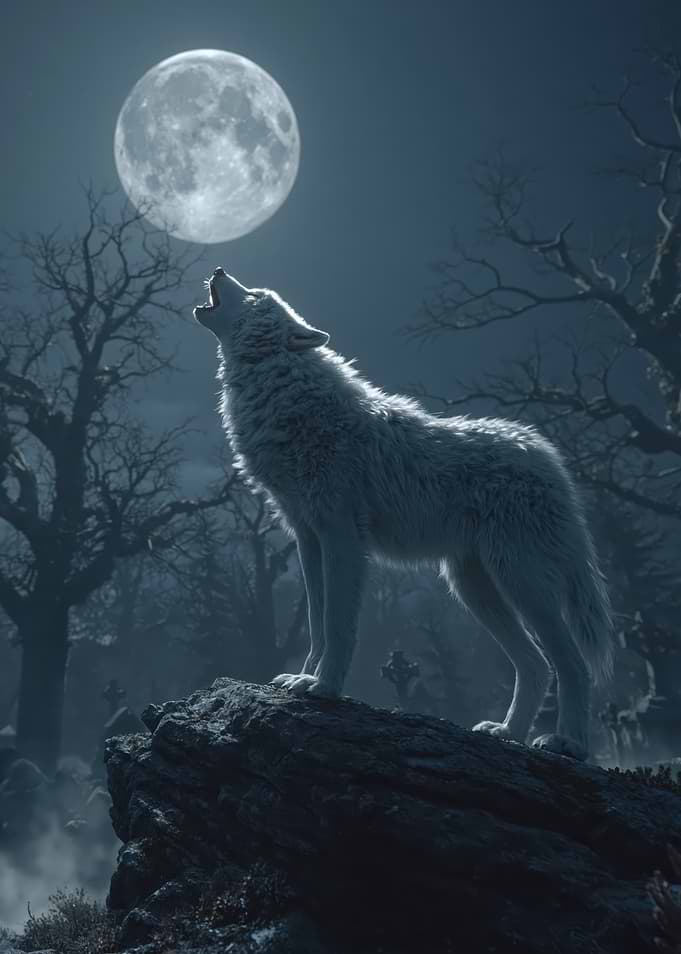 White Wolf Howling at the Moon
