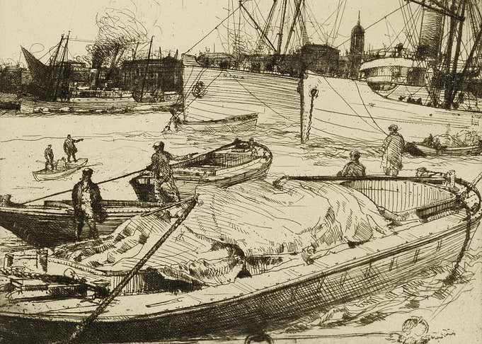 Busy Harbor Scene with Boats and Ships