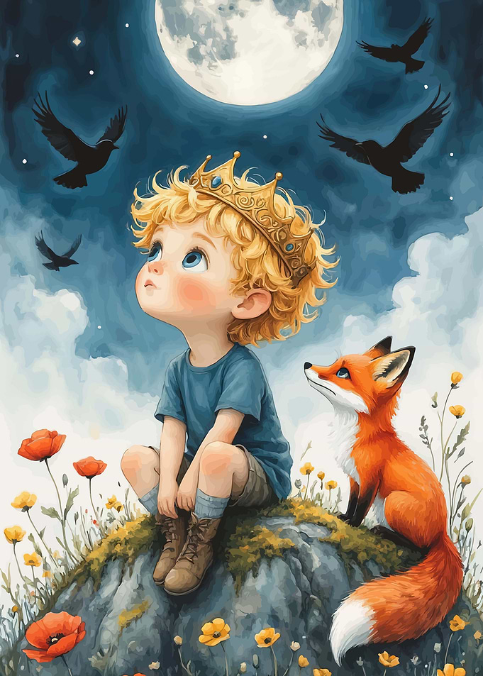 Boy with Crown and Fox Under the Moon