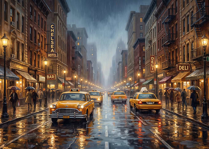 New York City Taxis in the Rain