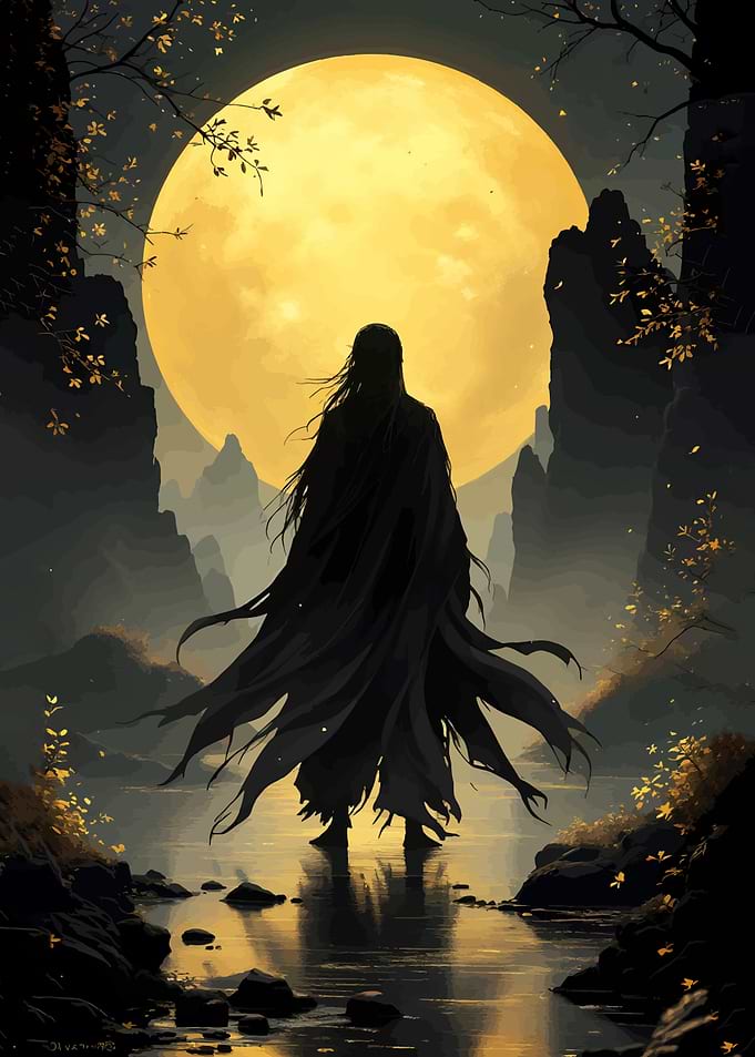 Mysterious Figure Under a Full Moon
