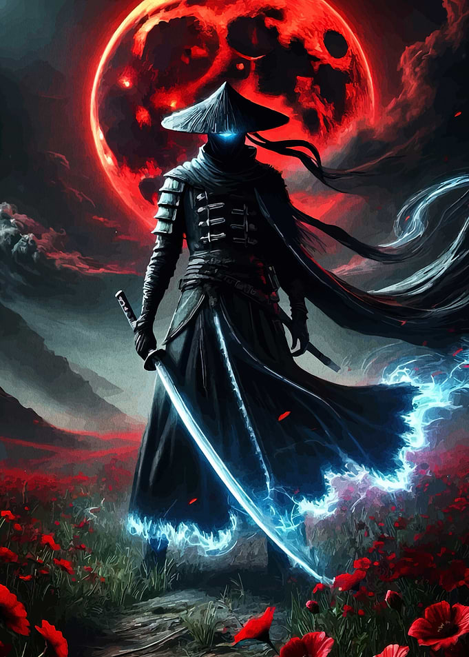 Samurai Warrior Under a Blood Moon