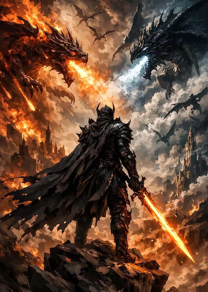 Knight vs Dragons in Fiery Battle
