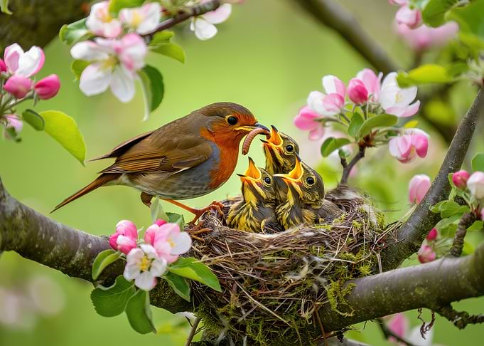 Robin feeding chicks in a nest