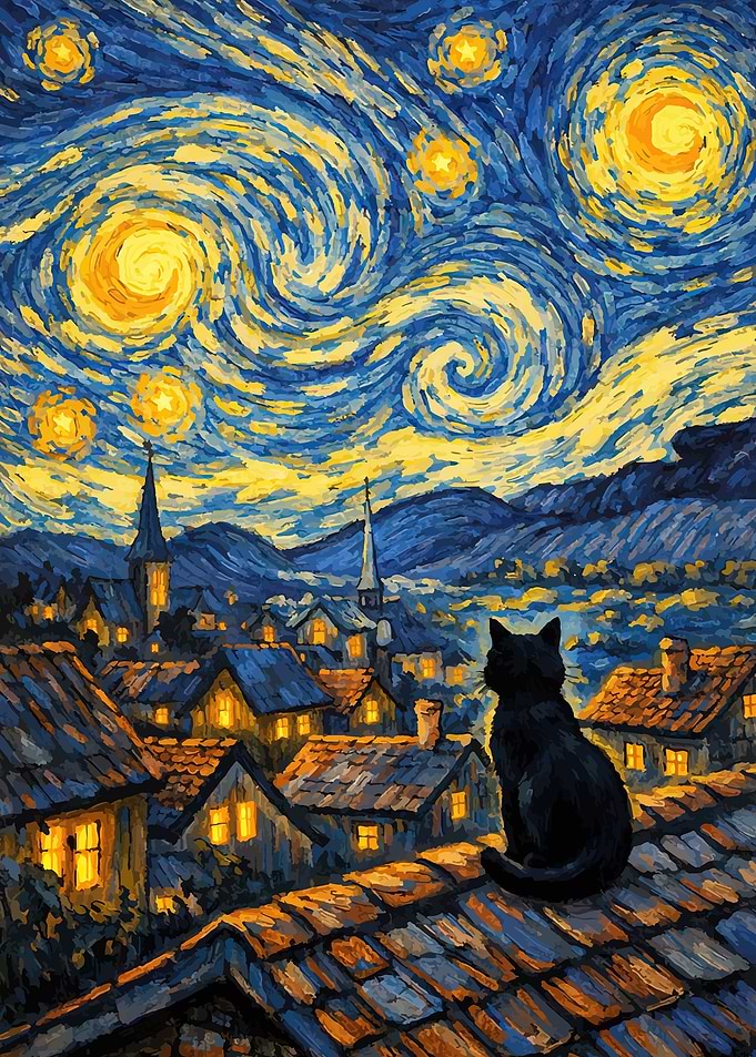 Black Cat on Rooftop Under Starry Night Sky
