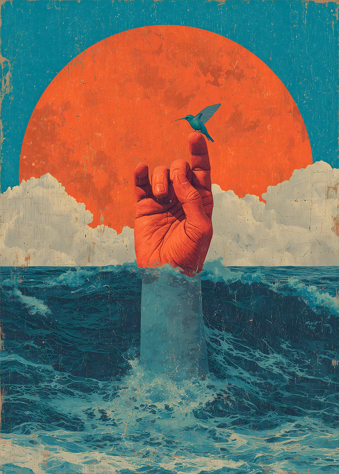 Surreal Hand Emerging from Ocean with Hummingbird