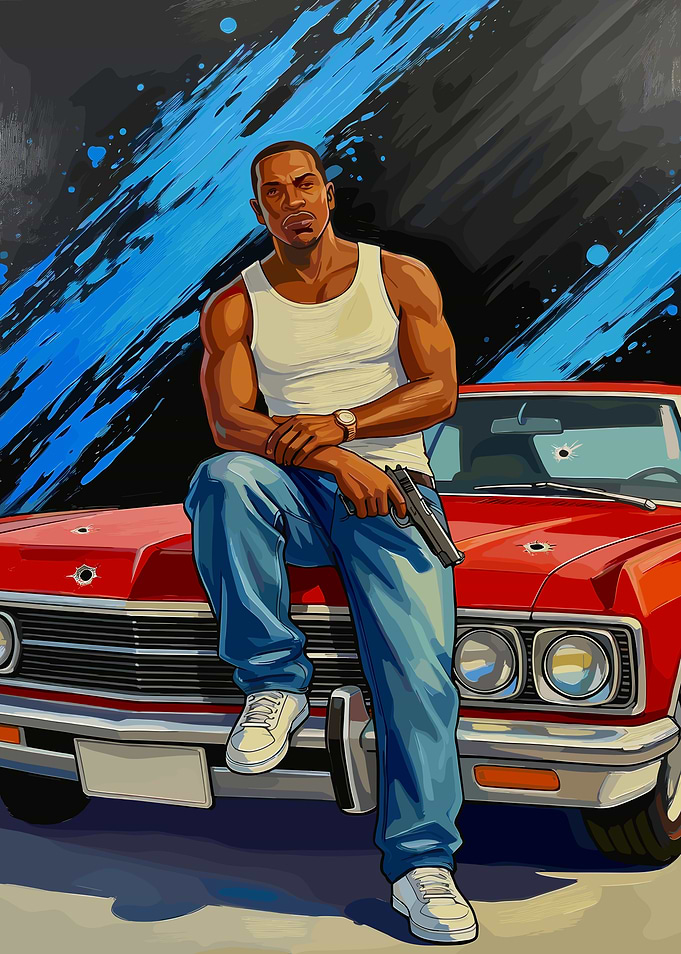 Carl Johnson with a Gun and Car