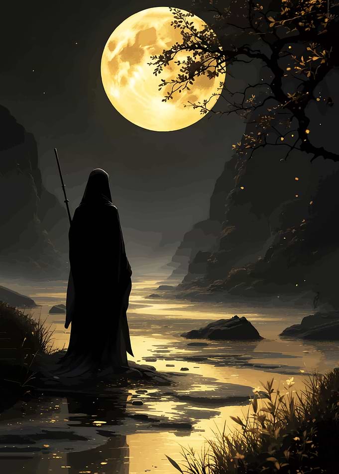 Mysterious figure under a full moon