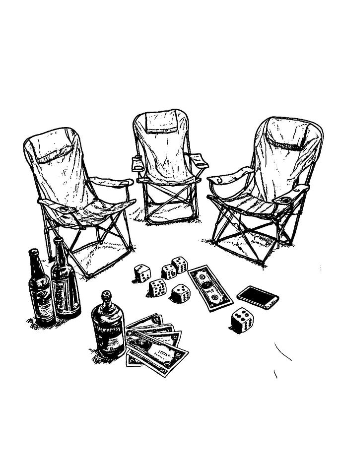 Camping chairs with dice and money