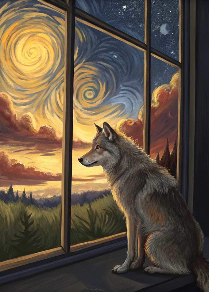 Wolf Gazing at Starry Sky