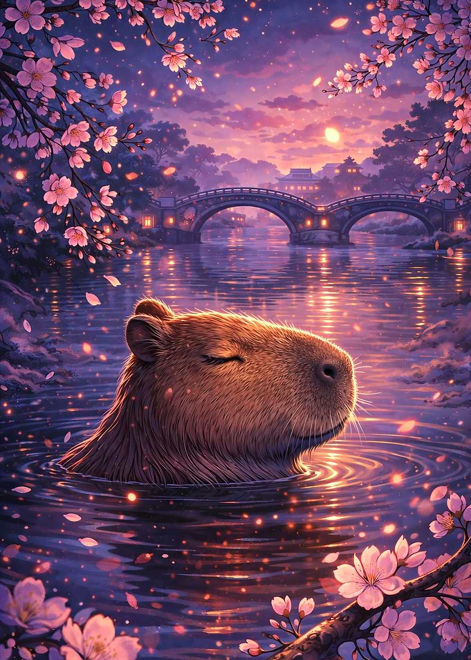 Capybara in Cherry Blossom Water