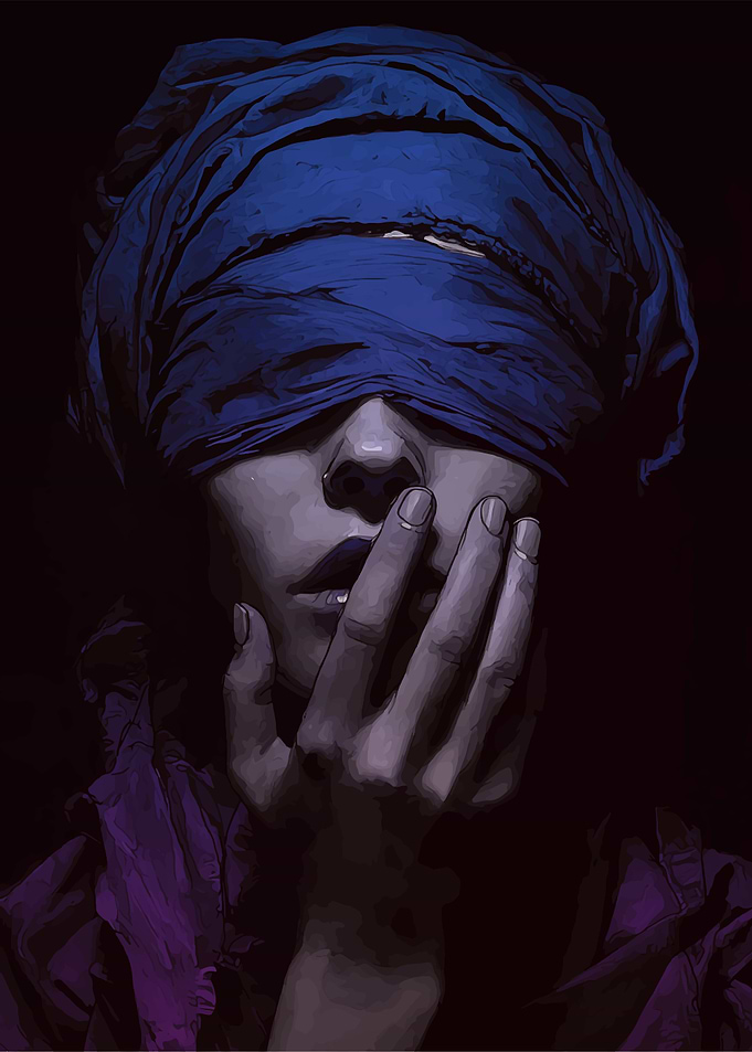 Woman with Blue Headscarf and Hand on Face