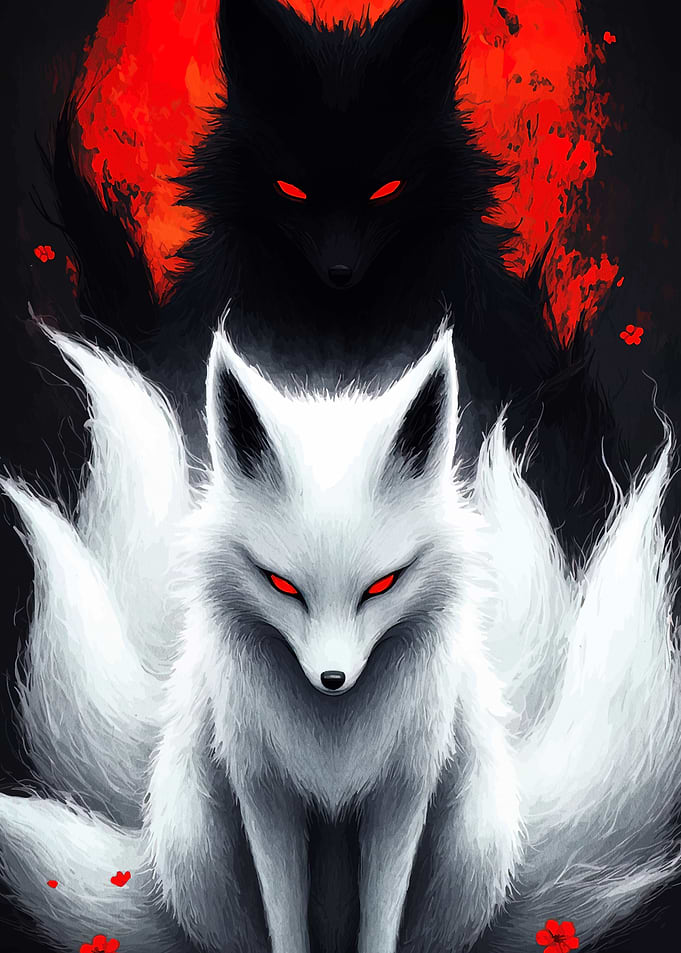 Two Foxes, White and Black, with Red Eyes