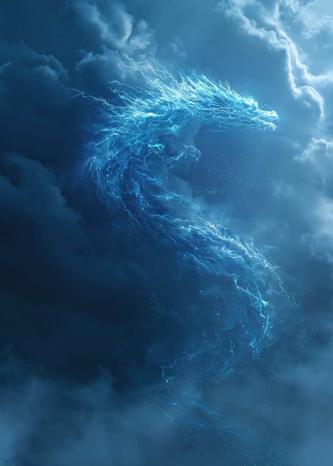 Electric Blue Dragon in Stormy Sky