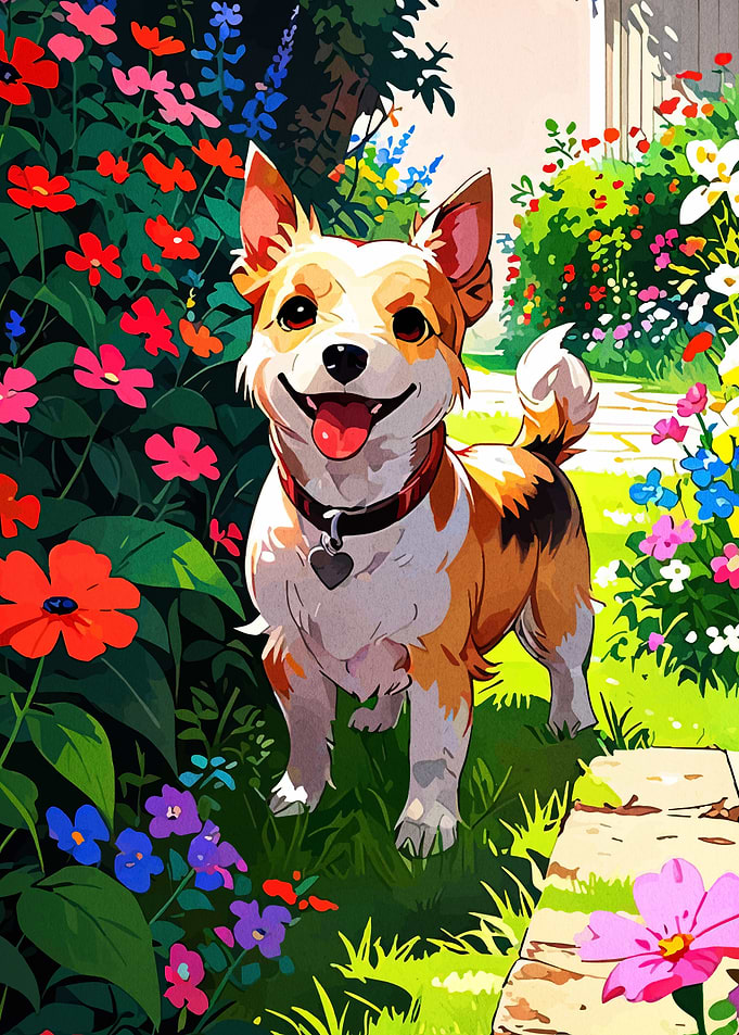 Happy Dog in a Flower Garden