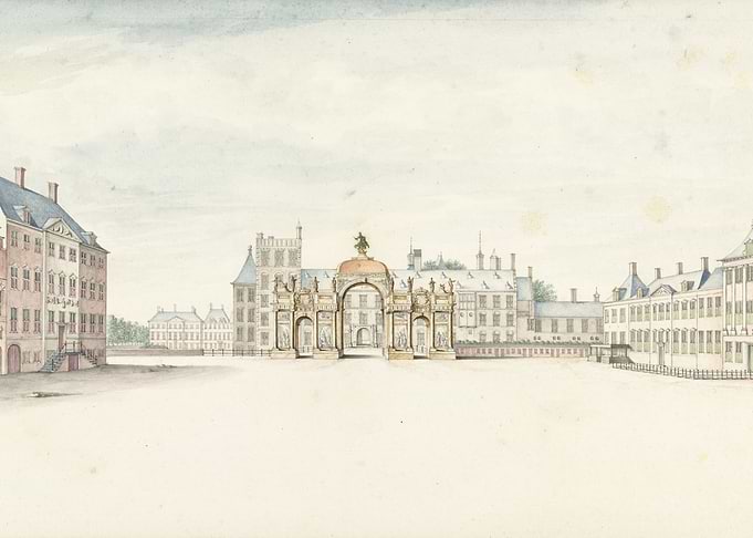 Watercolor painting of a grand palace courtyard