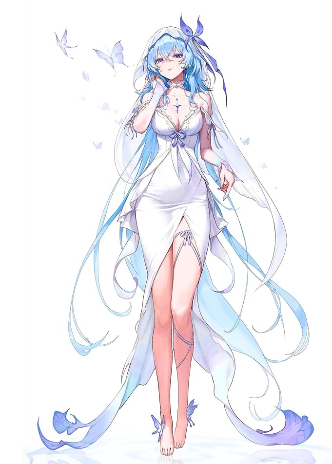 Anime Girl in White Dress with Butterflies