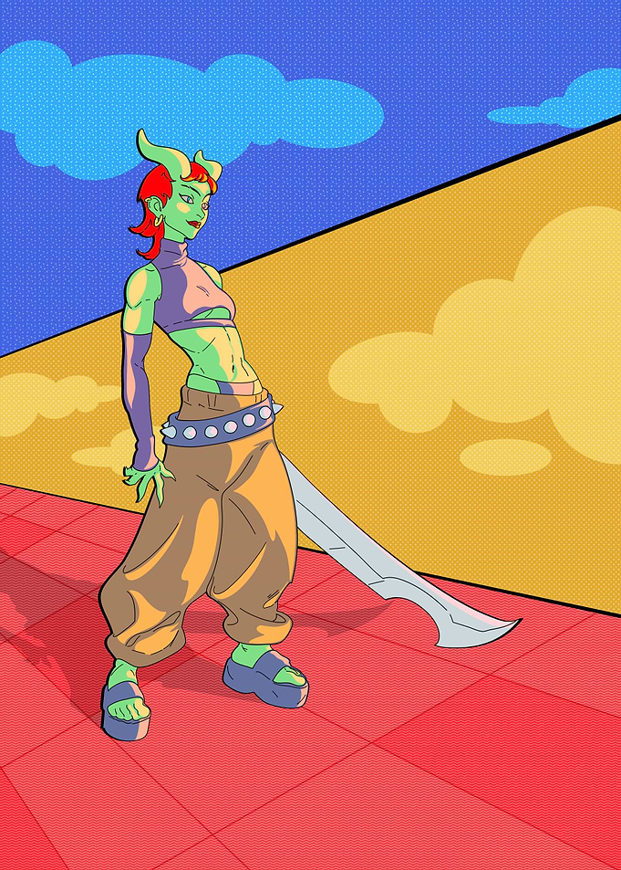 Green demon girl with sword