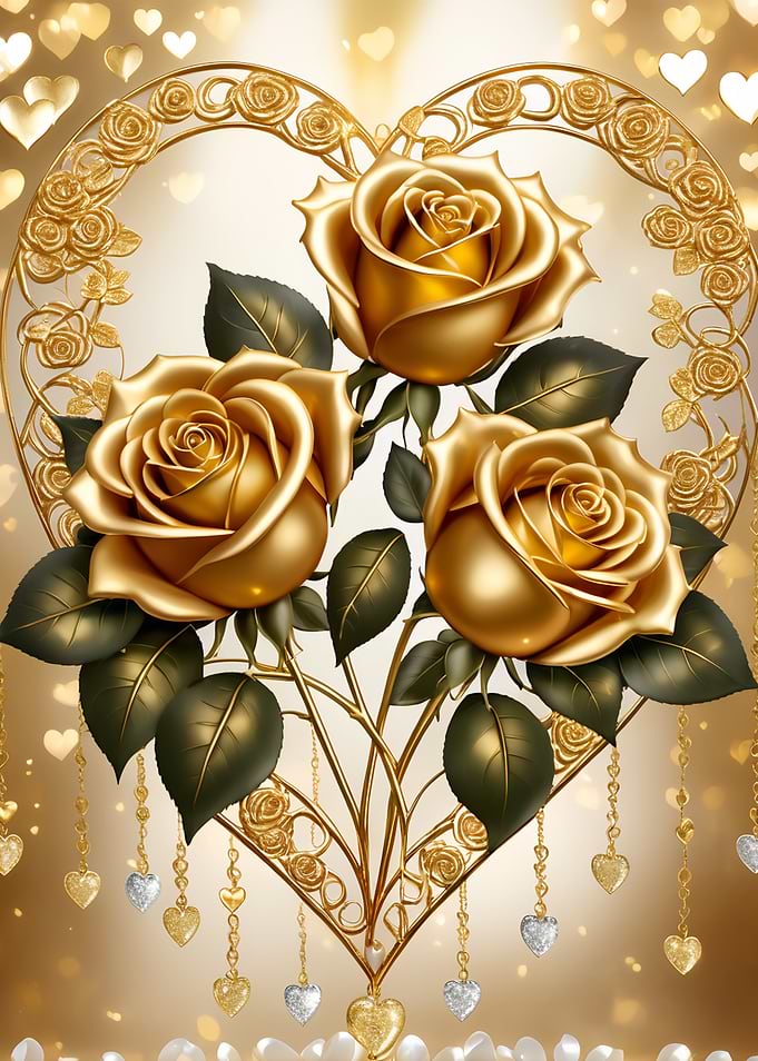 Golden Roses in Heart Frame