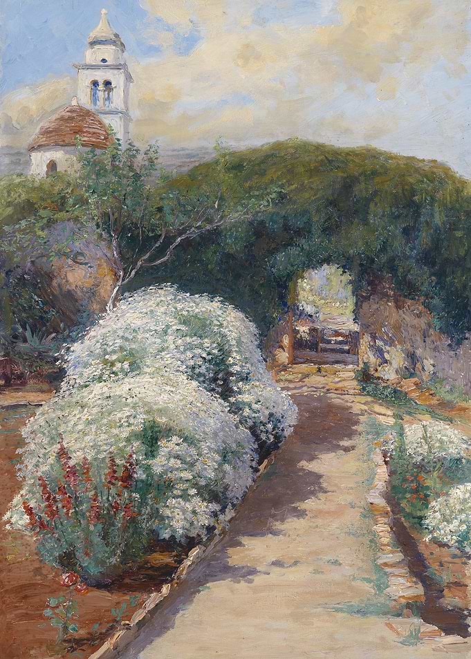 Garden Path with Daisies and Church Tower