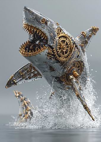 Steampunk Shark Emerging from Water