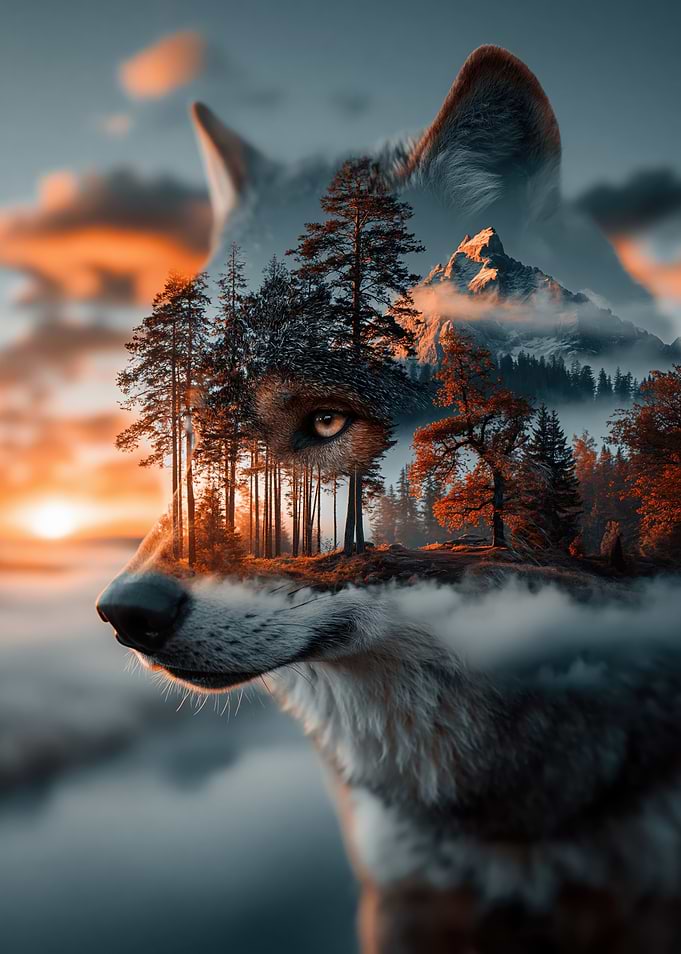 Wolf and Forest Double Exposure