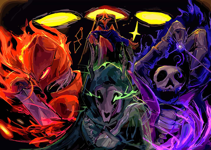 Three figures with elemental powers