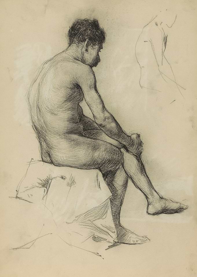 Charcoal sketch of a seated male figure