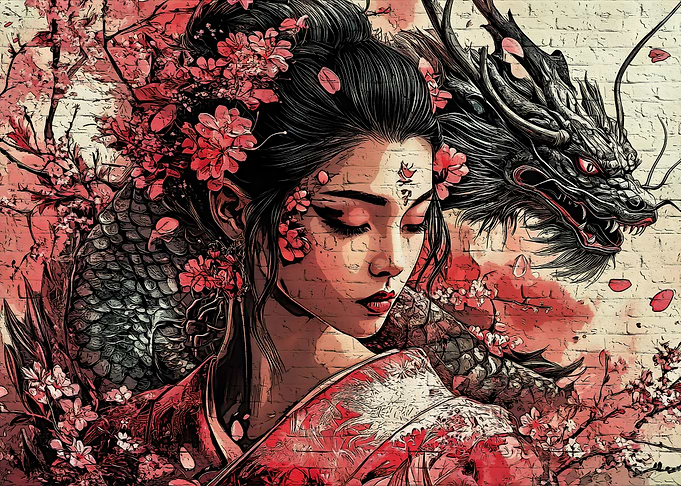 Geisha and Dragon with Cherry Blossoms