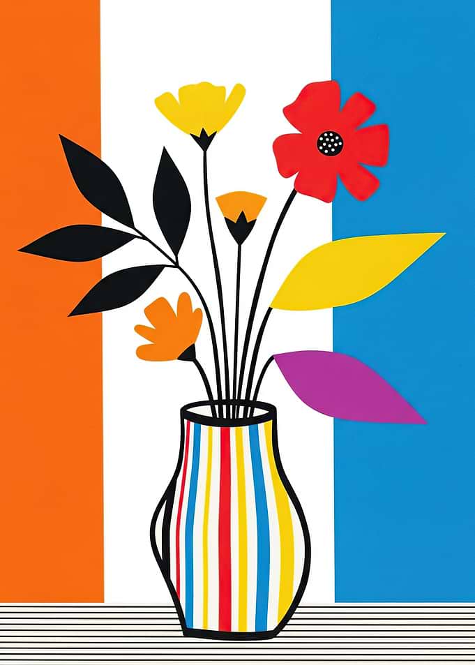 Colorful Floral Arrangement in Striped Vase
