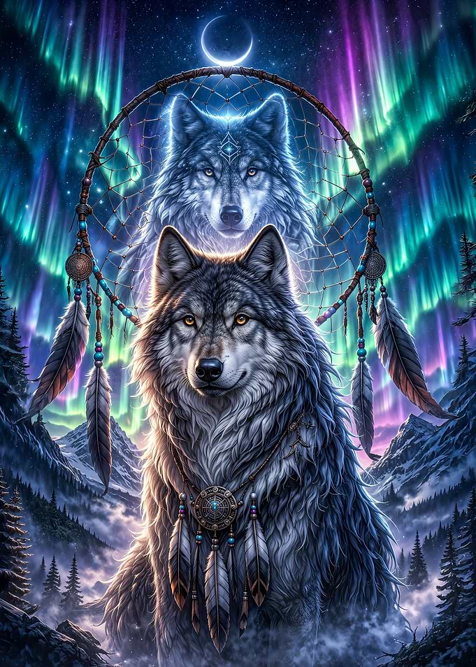Dreamcatcher Wolves Under Aurora