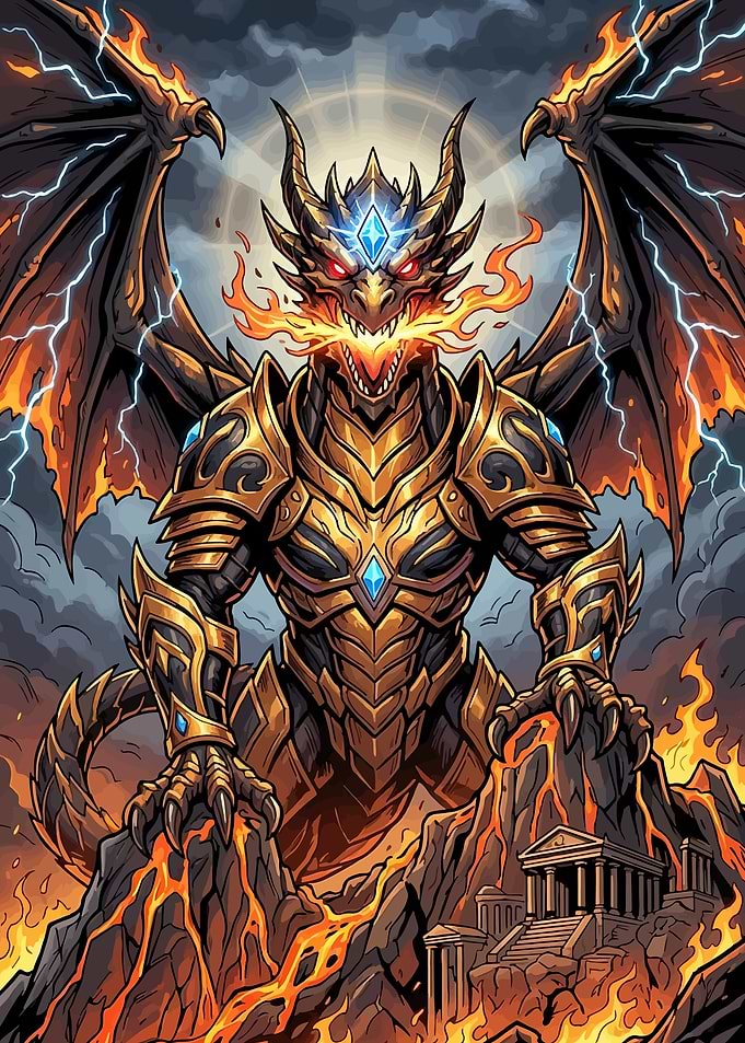 Golden Armored Dragon Breathing Fire