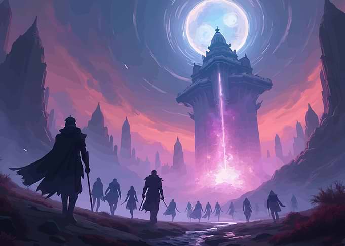 Fantasy figures approach glowing tower