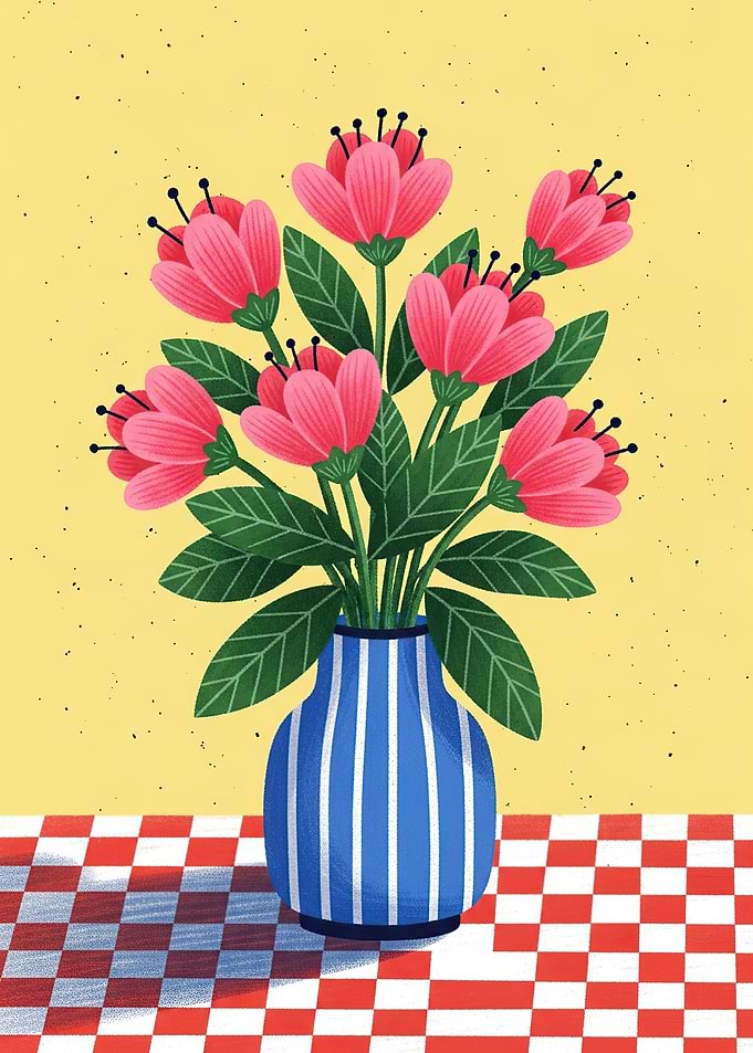 Pink Flowers in Blue Striped Vase