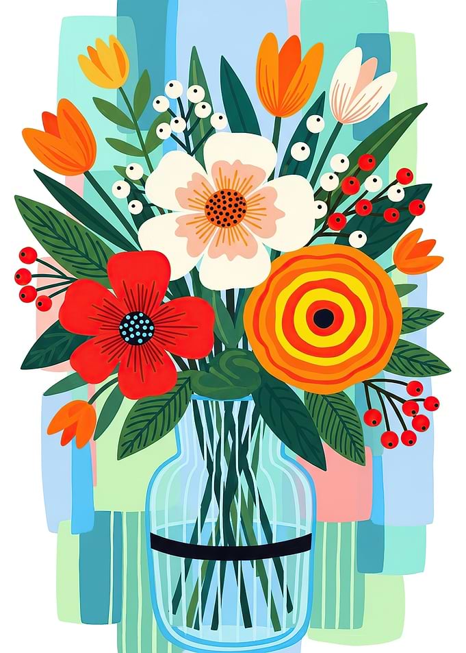 Vibrant Floral Arrangement in a Glass Vase