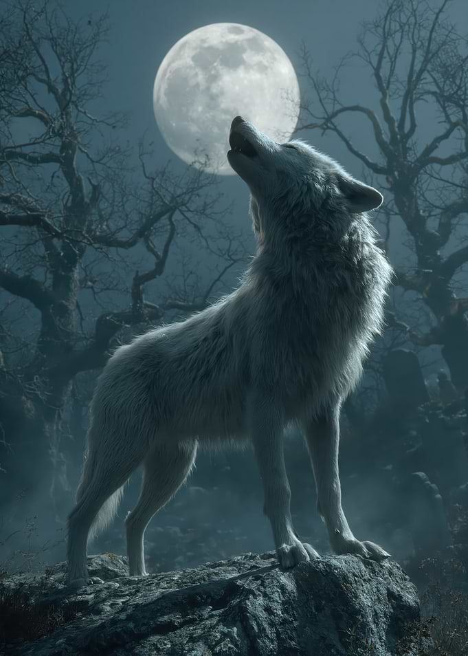 White Wolf Howling at the Moon