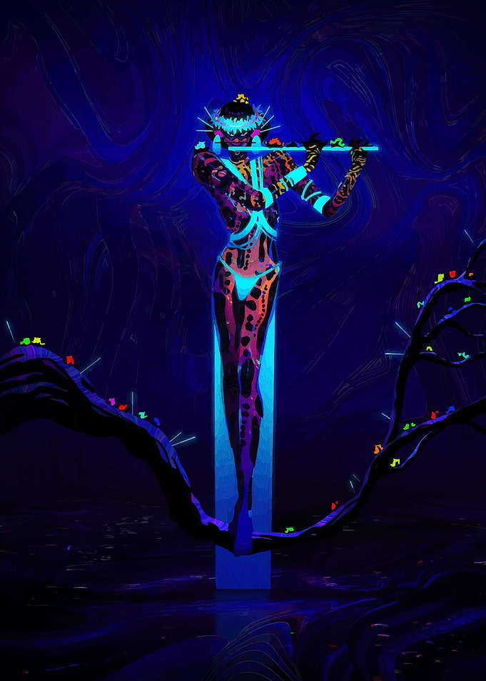 Mystical Flute Player in Neon Forest