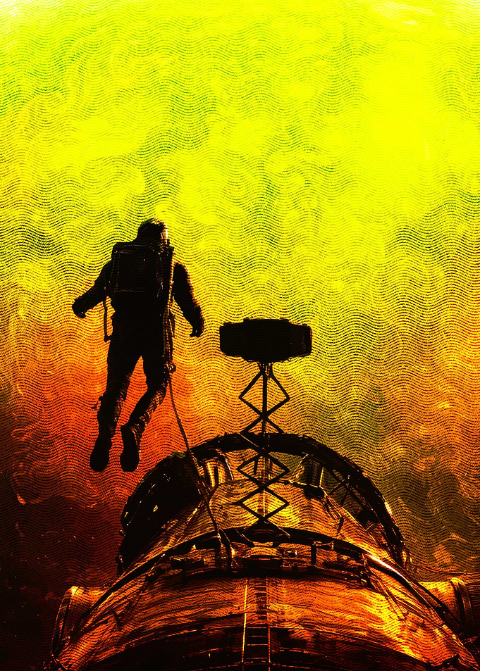 Astronaut floating near spacecraft