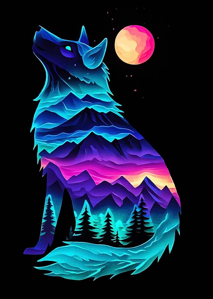Wolf silhouette with mountain landscape