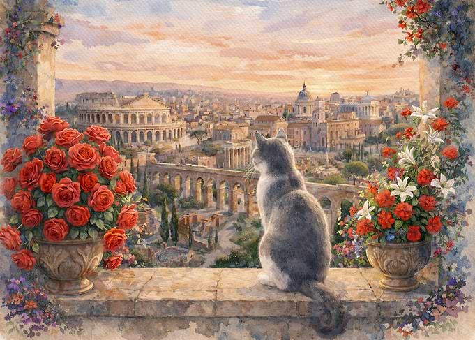 Cat Overlooking Rome at Sunset