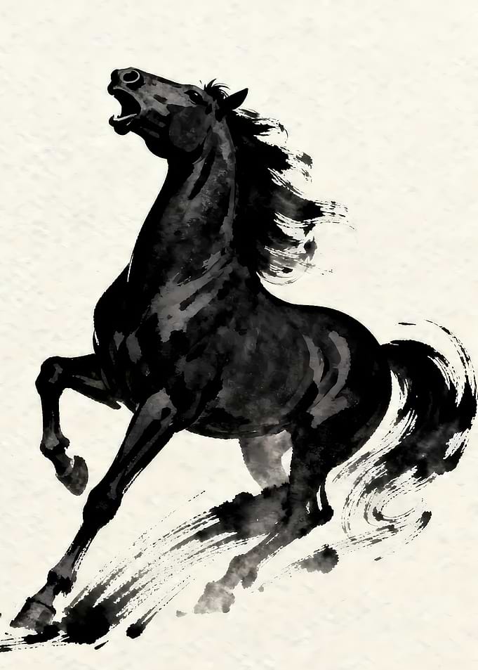 Black Horse Galloping in Ink Style