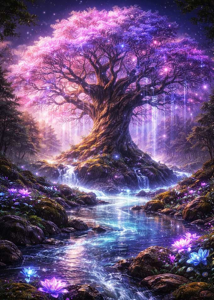 Enchanted Forest Tree with Waterfalls