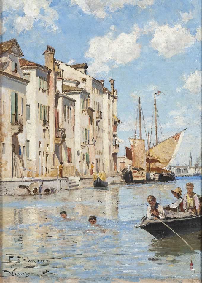 Venetian Canal Scene with Swimmers and Boats