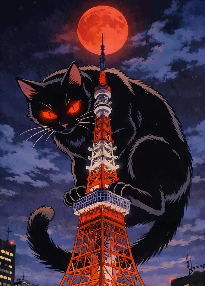 Giant Black Cat Over Tokyo Tower