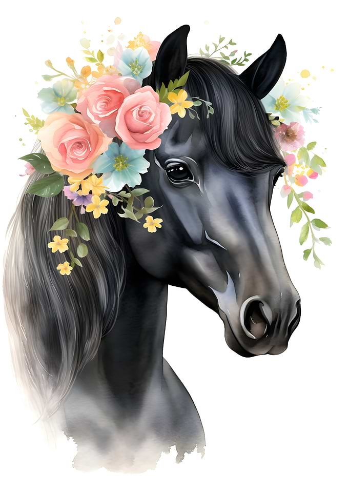 Black Horse with Floral Crown