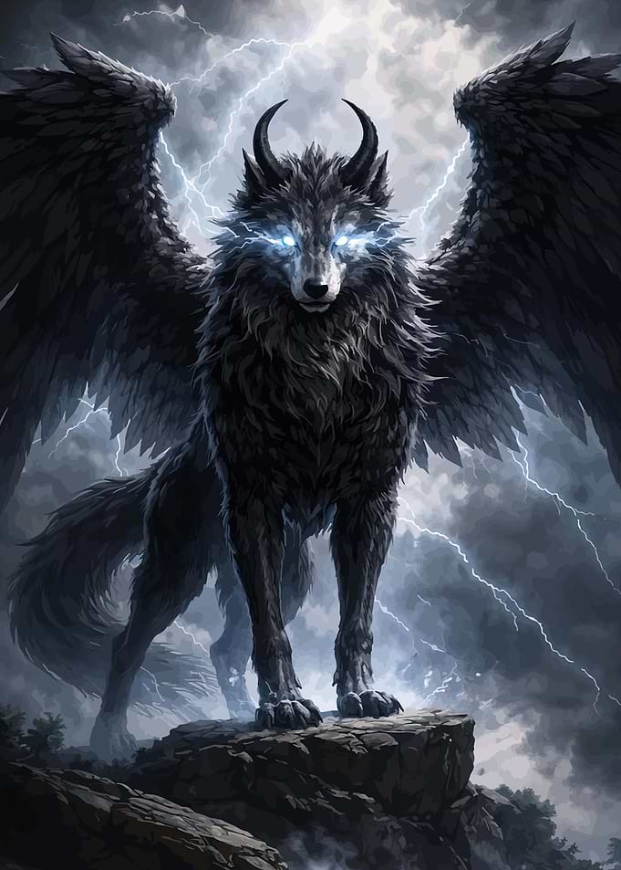 Winged Wolf with Glowing Eyes