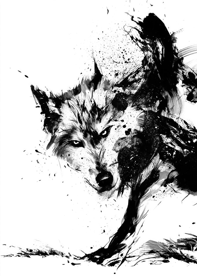 Aggressive Wolf Ink Painting