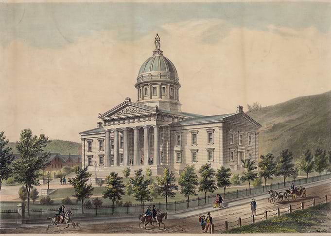 Vintage Capitol Building with Horse-Drawn Carriages