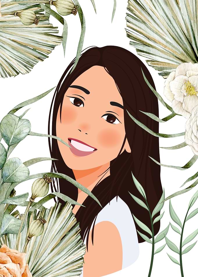 Woman surrounded by tropical foliage